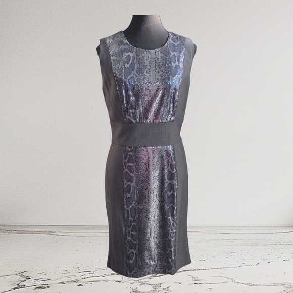 Calvin Klein Gray Sheath Midi Dress With Sequins In Subtle Snakeskin Pattern 4 - Picture 1 of 5